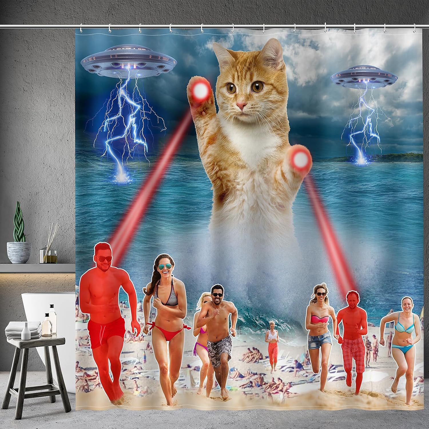 72x72 ocean cat shower curtain set with 12 hooks