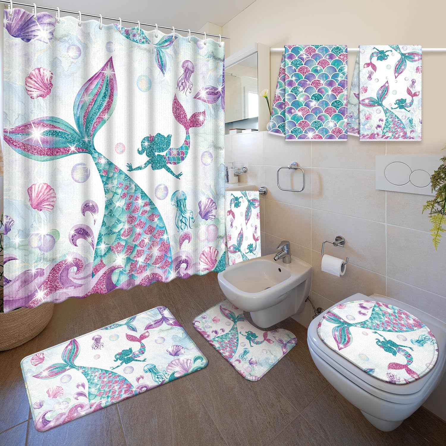 Nuanchu 6 Piece Mermaid Bathroom Set with Mat and Towels