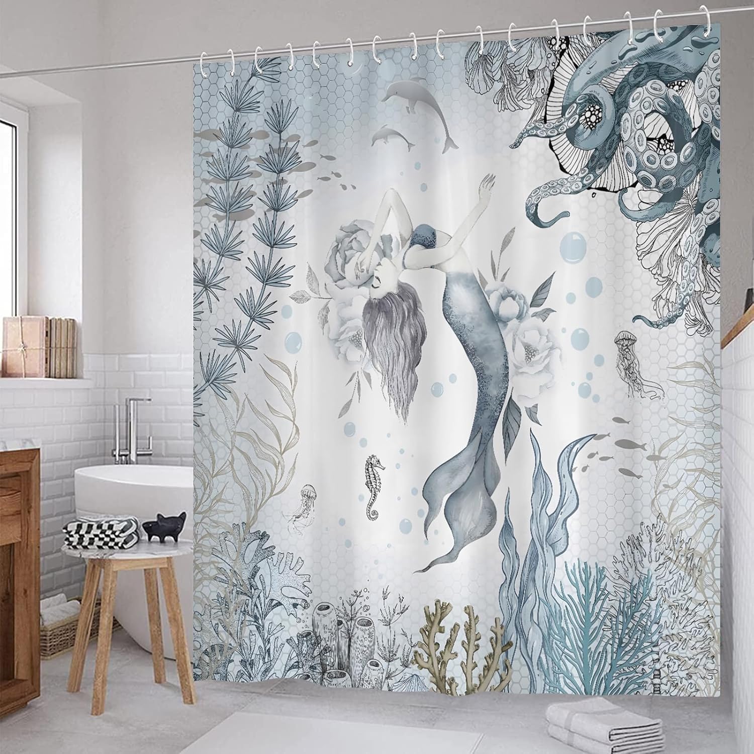 ZCHOMI Ocean-Theme Mermaid Bath Curtain 72x72 inch Perfect for Your Bathroom