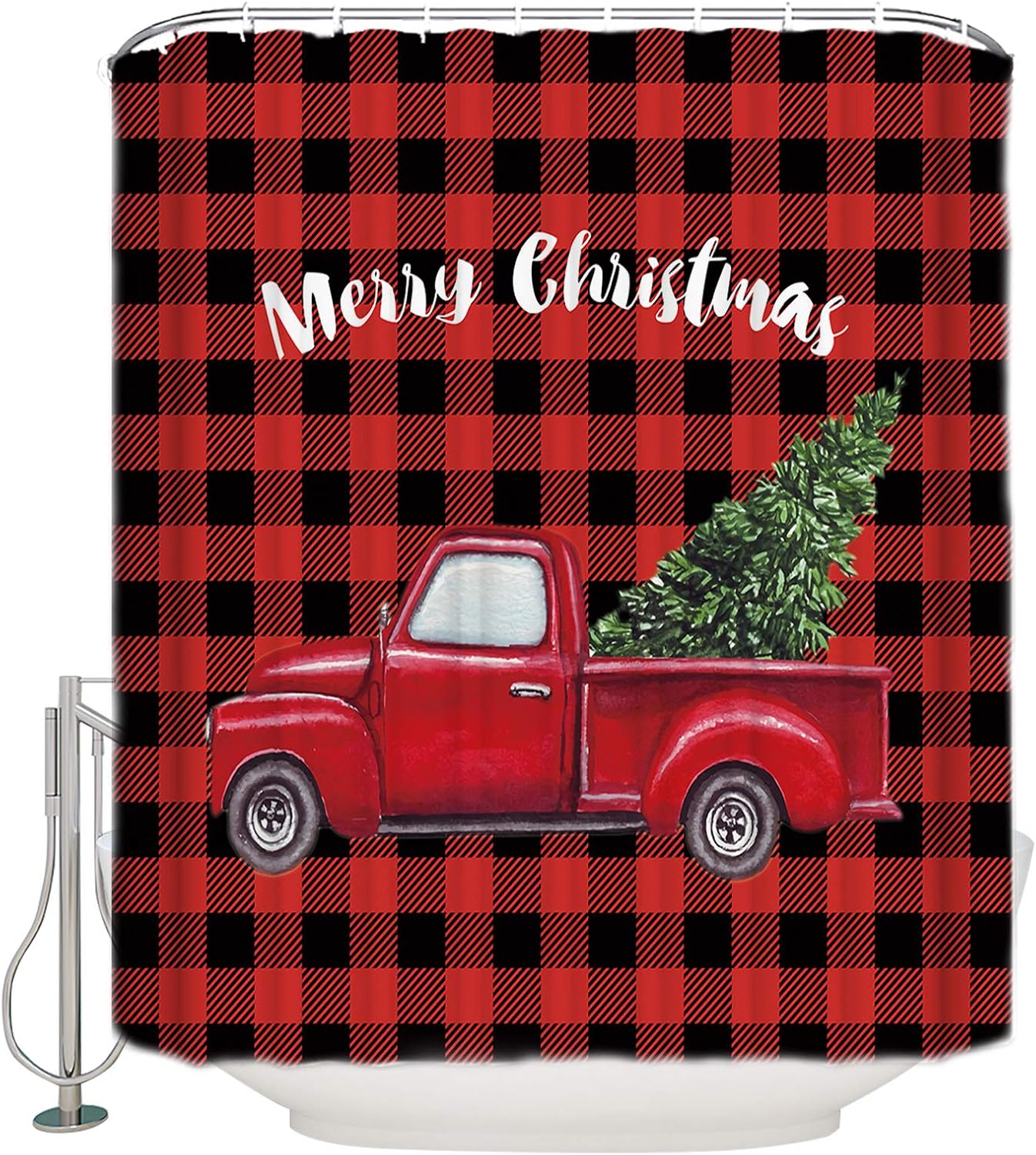 Stunning Christmas Shower Curtain Modern Red Lattice with Heart Tree Waterproof 60x72-Inch