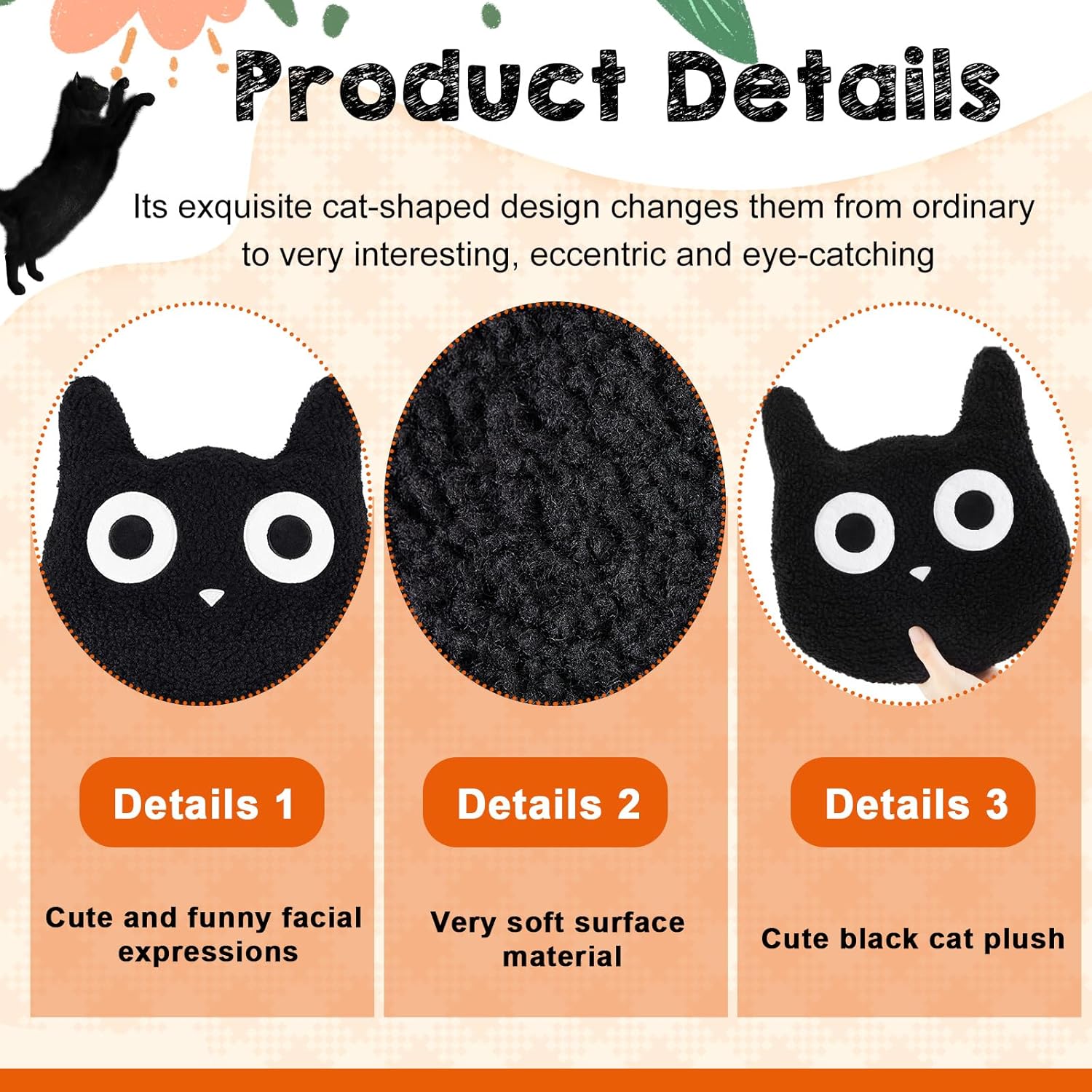 3 Pcs Black Cat Throw Pillow Plush Filling Full Lamb