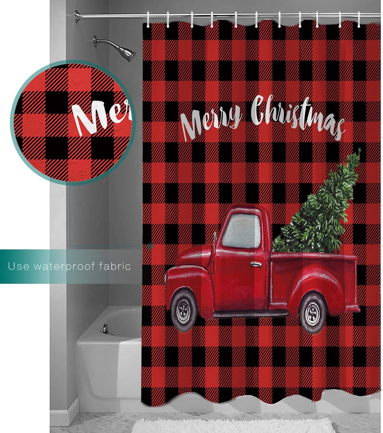 Stunning Christmas Shower Curtain Modern Red Lattice with Heart Tree Waterproof 60x72-Inch