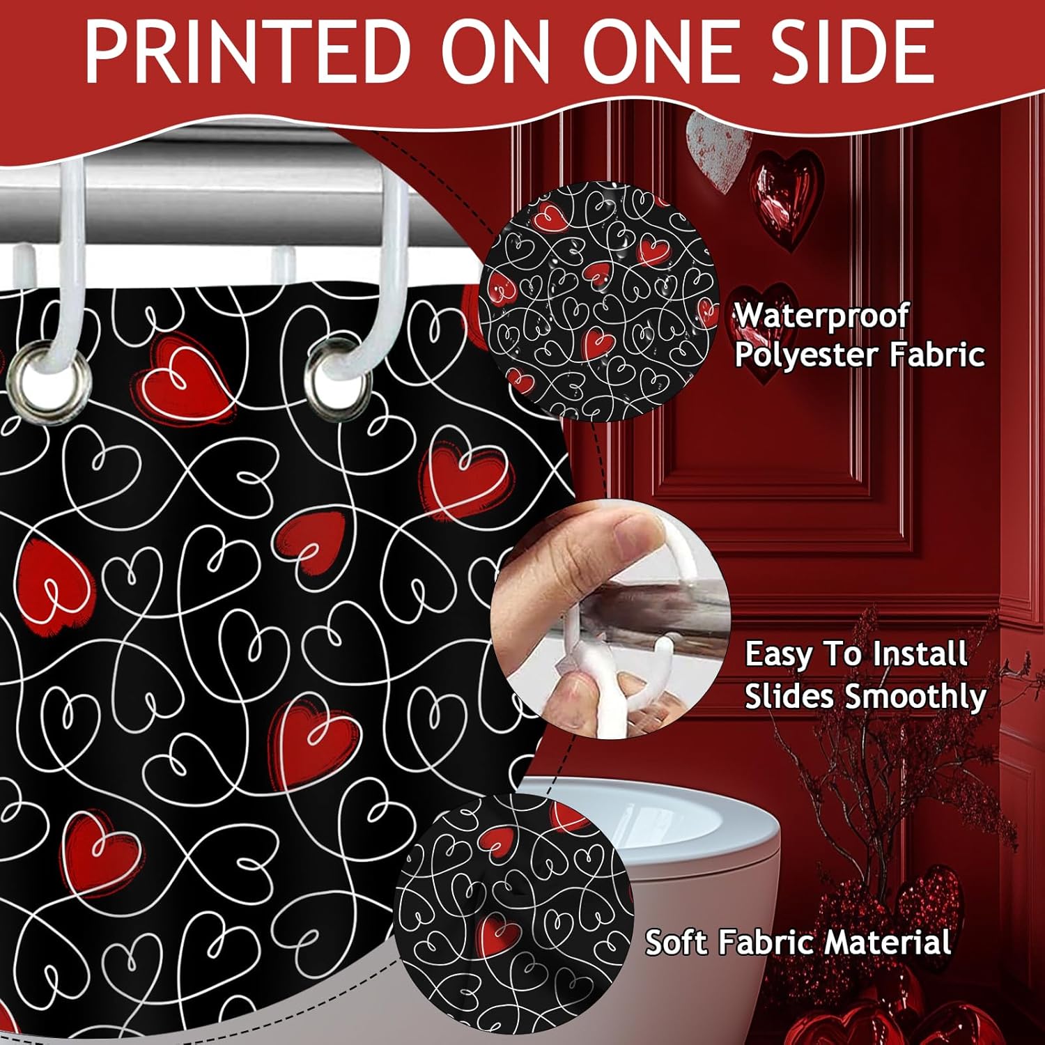 Valentines Day Gift - Black Heart Shower Curtain with 12 Hooks
