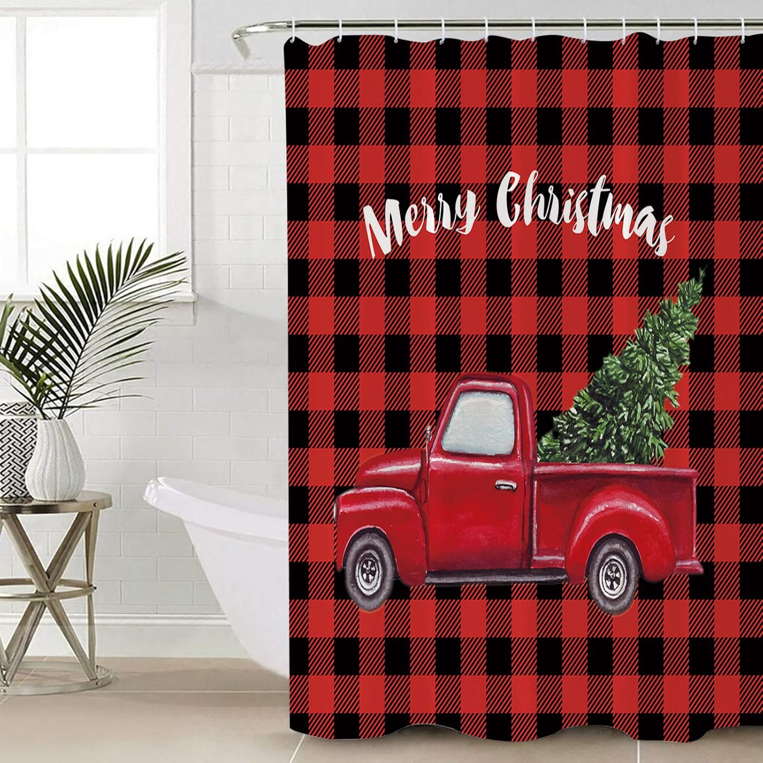 Stunning Christmas Shower Curtain Modern Red Lattice with Heart Tree Waterproof 60x72-Inch
