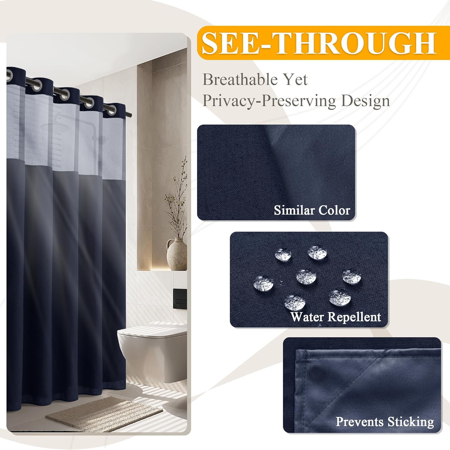No Hooks Needed Luxury Water-Resistant and Easy-Wash Linen Shower Curtain Set