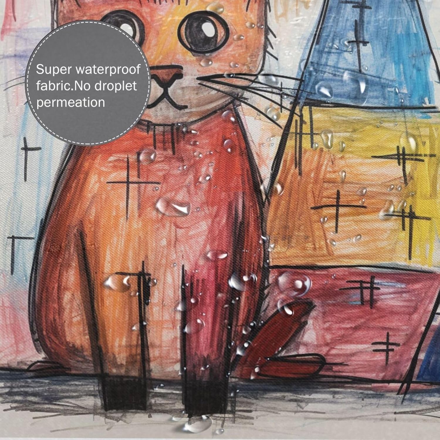Cute Cat Shower Curtain Crayon Drawing Boho Set for Kids 72x72in