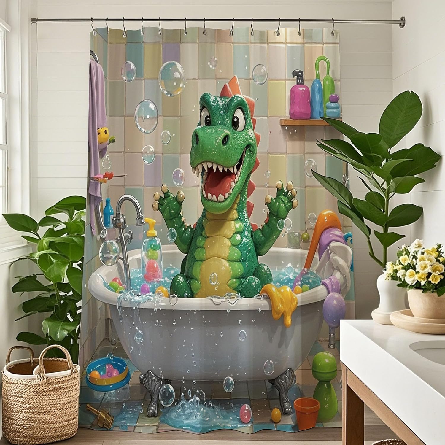 Funny Cartoon Dinosaur Shower Curtain Set for Kids