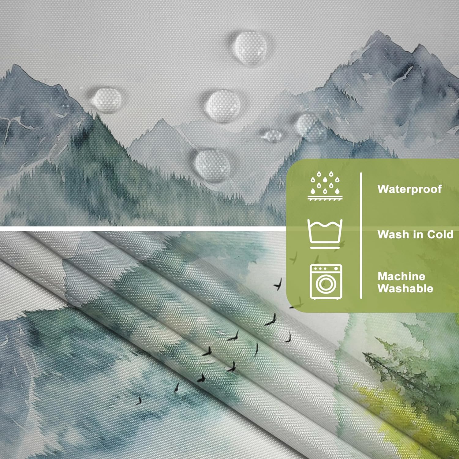 AWERT Misty Forest No Hook Shower Curtain with Liner