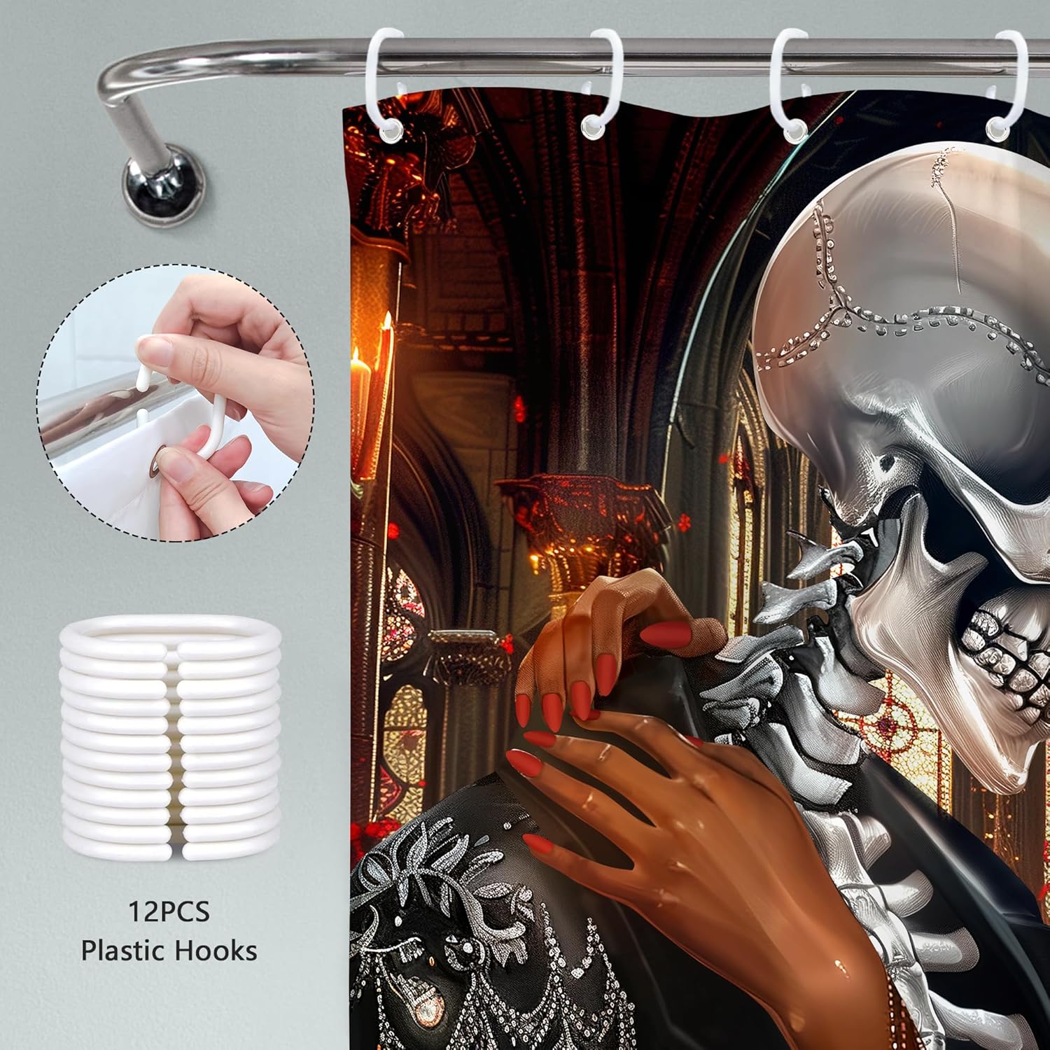 Valentines Day African American Goth Skeletonshower Curtain for Women Romantic Black