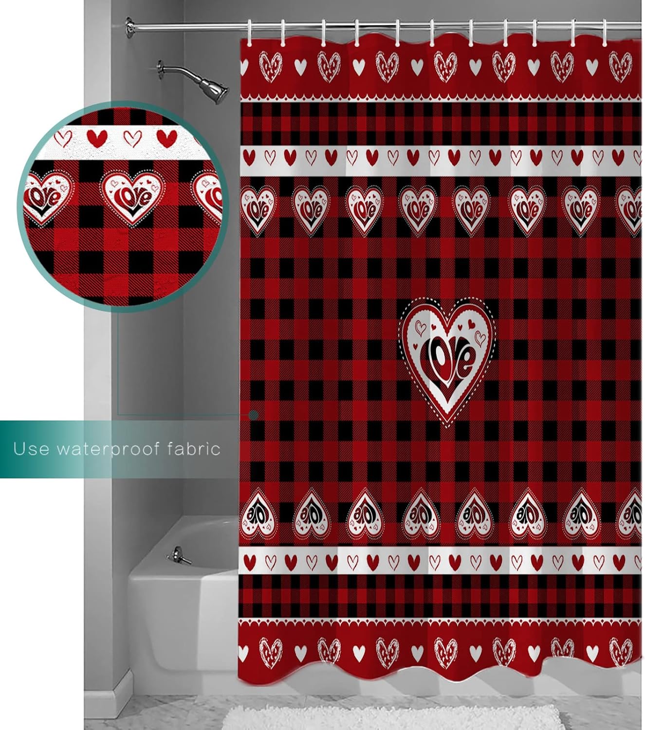 Heart Red Buffalo Check Shower Curtain