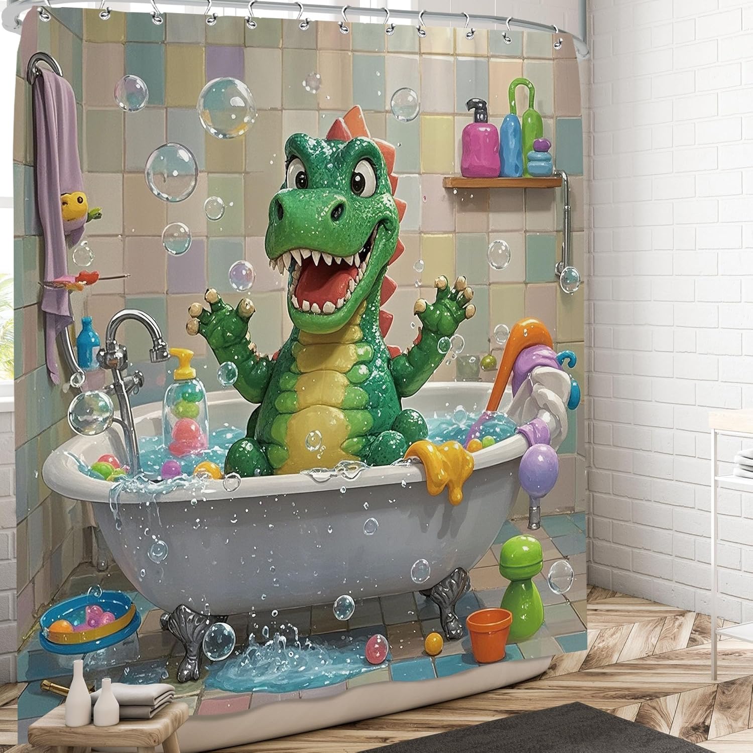 Funny Cartoon Dinosaur Shower Curtain Set for Kids