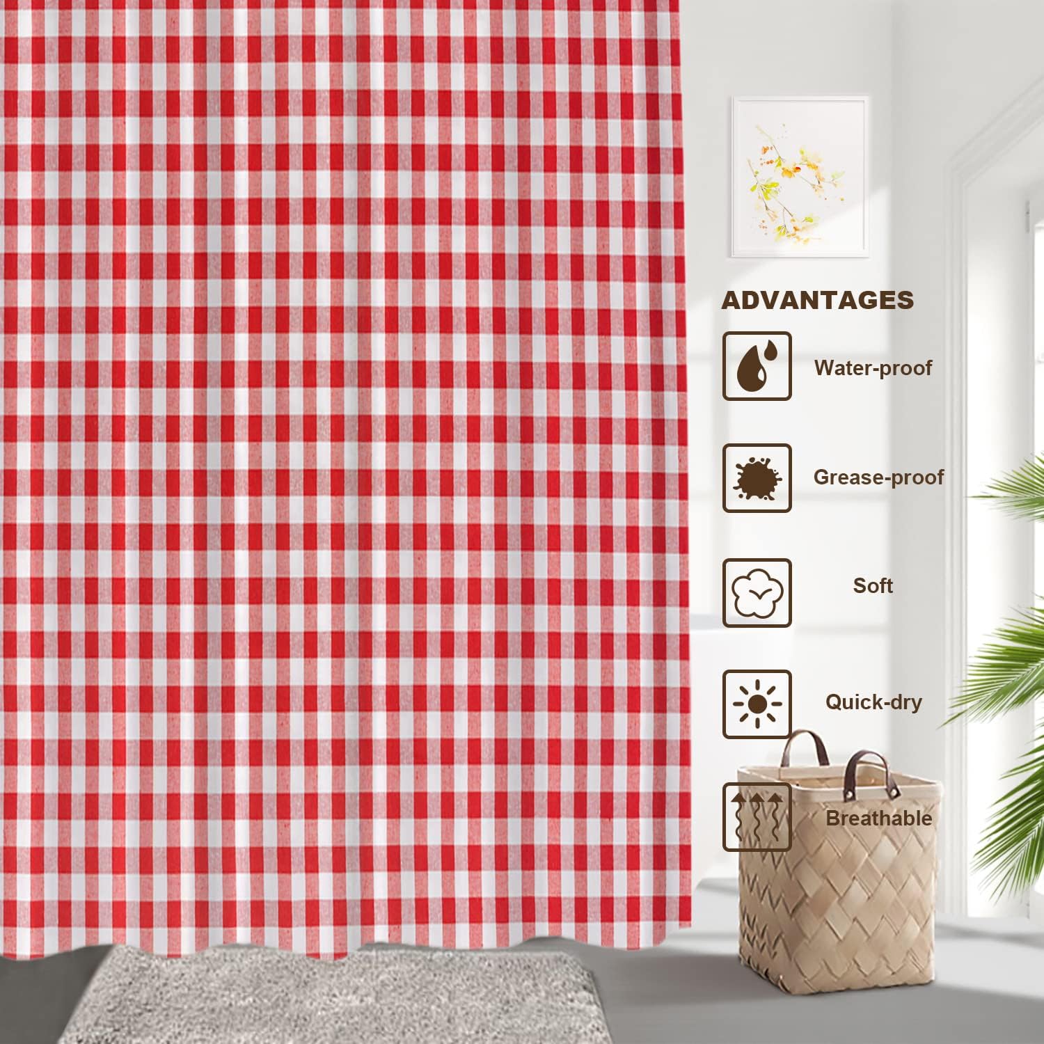 BaoNews Red White Checkered Shower Curtain Set
