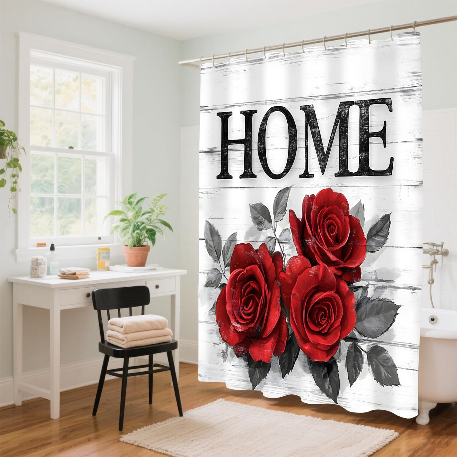 Stylish Retro Red Rose Washable Shower Curtain