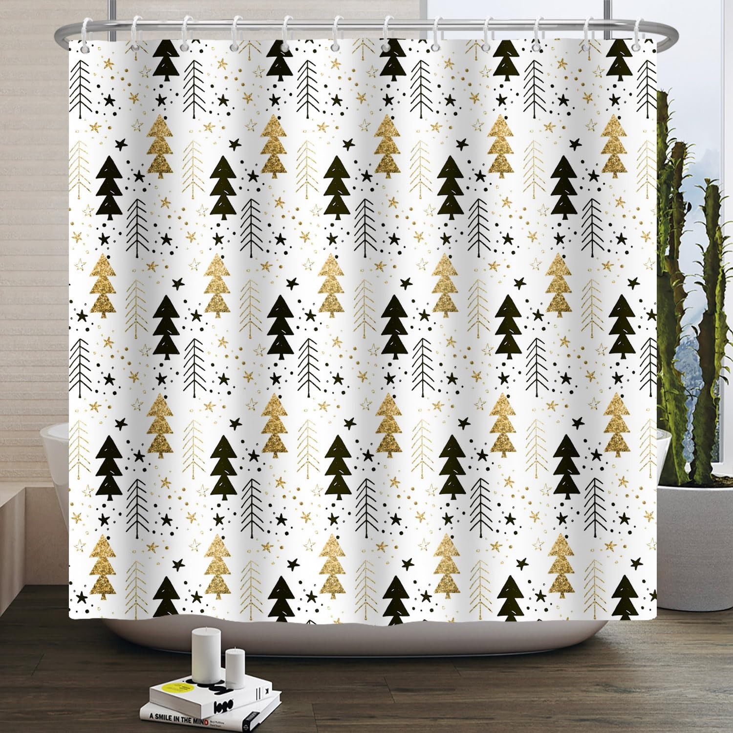 Boho Christmas Tree Shower Curtain with 12 Hooks