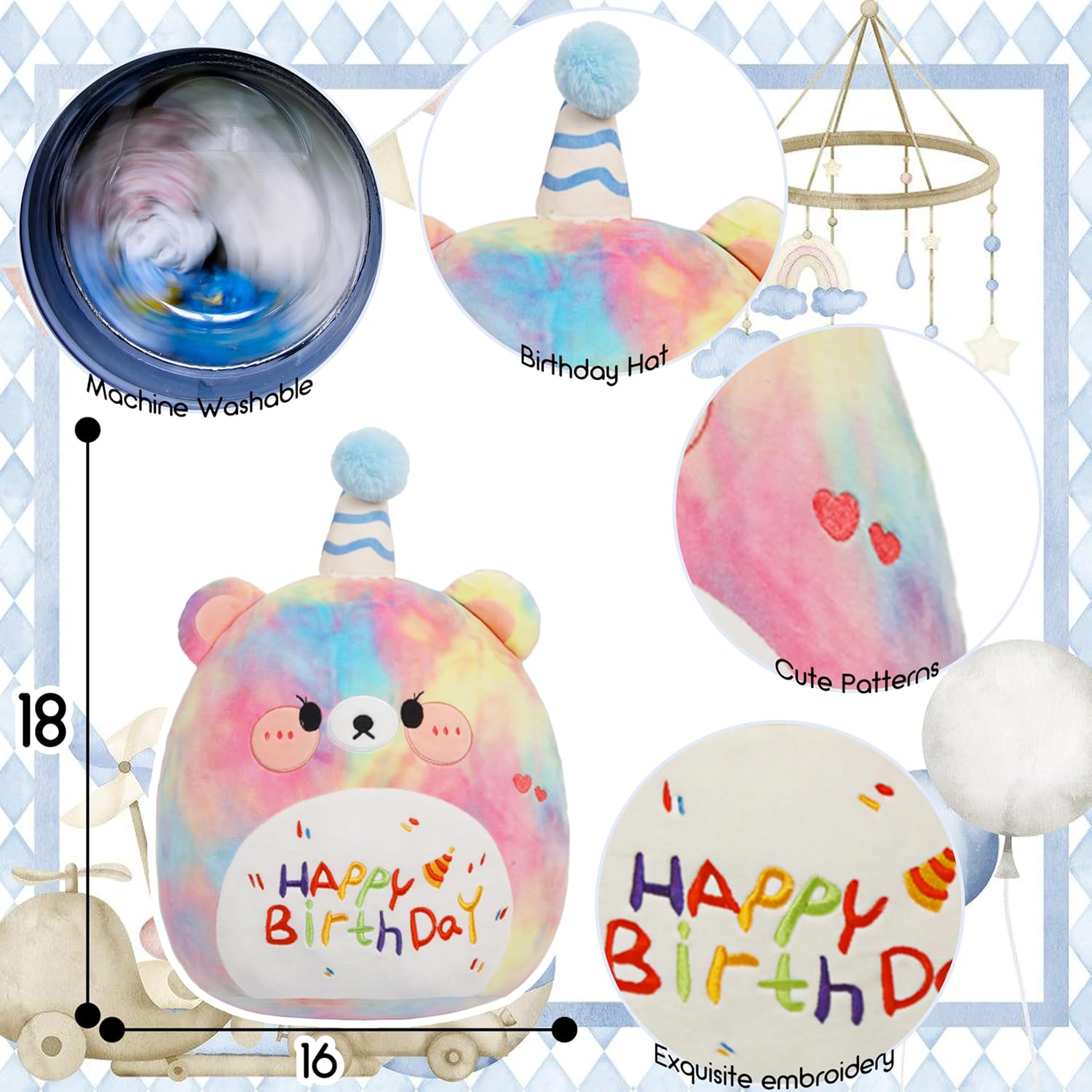 ARELUX 18in Cute Color Bear Plush Pillow