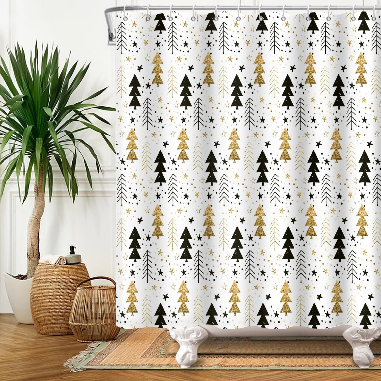 Boho Christmas Tree Shower Curtain with 12 Hooks