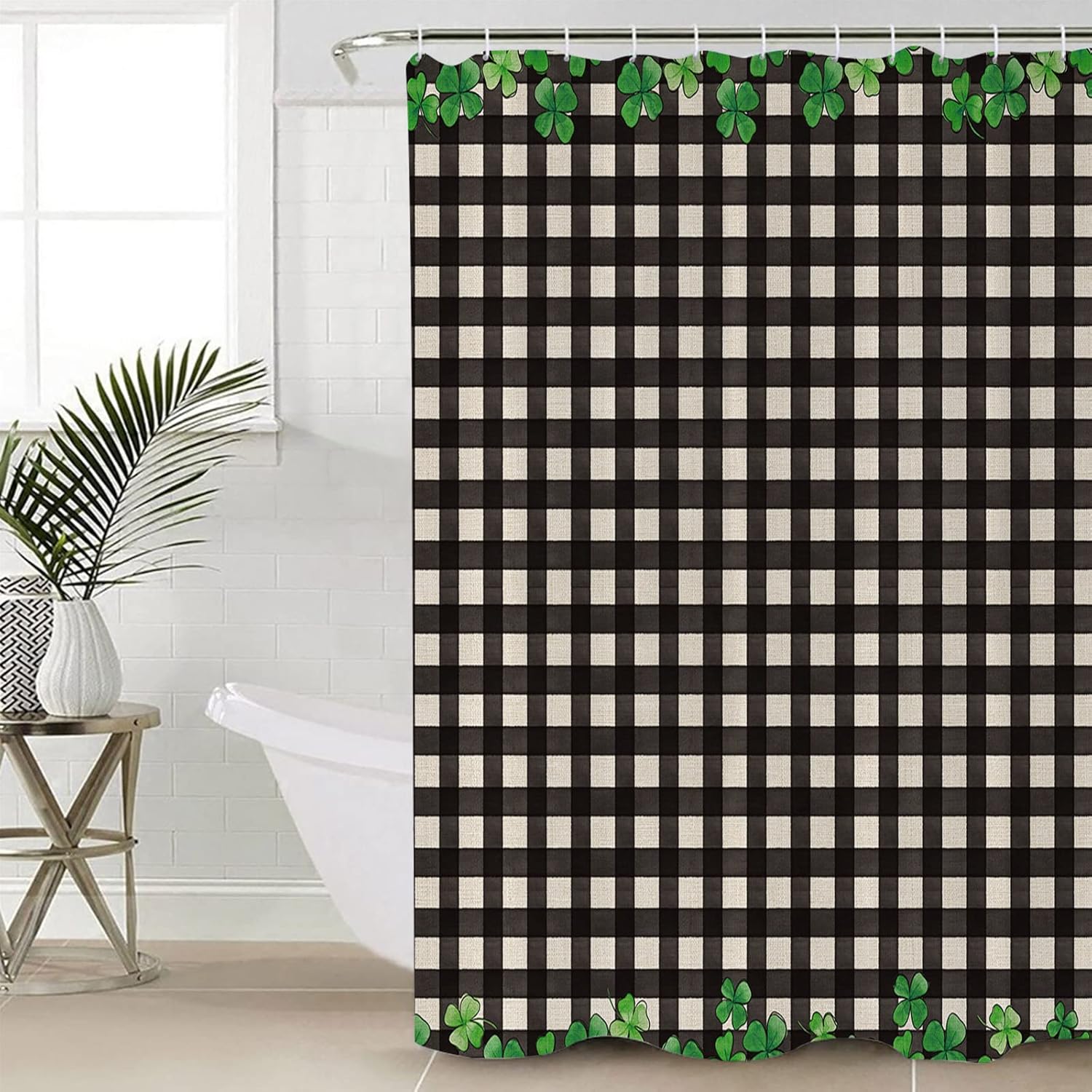 St Patricks Day 36x72 Inch Four-Leaf Clover Plaid Bath Curtain