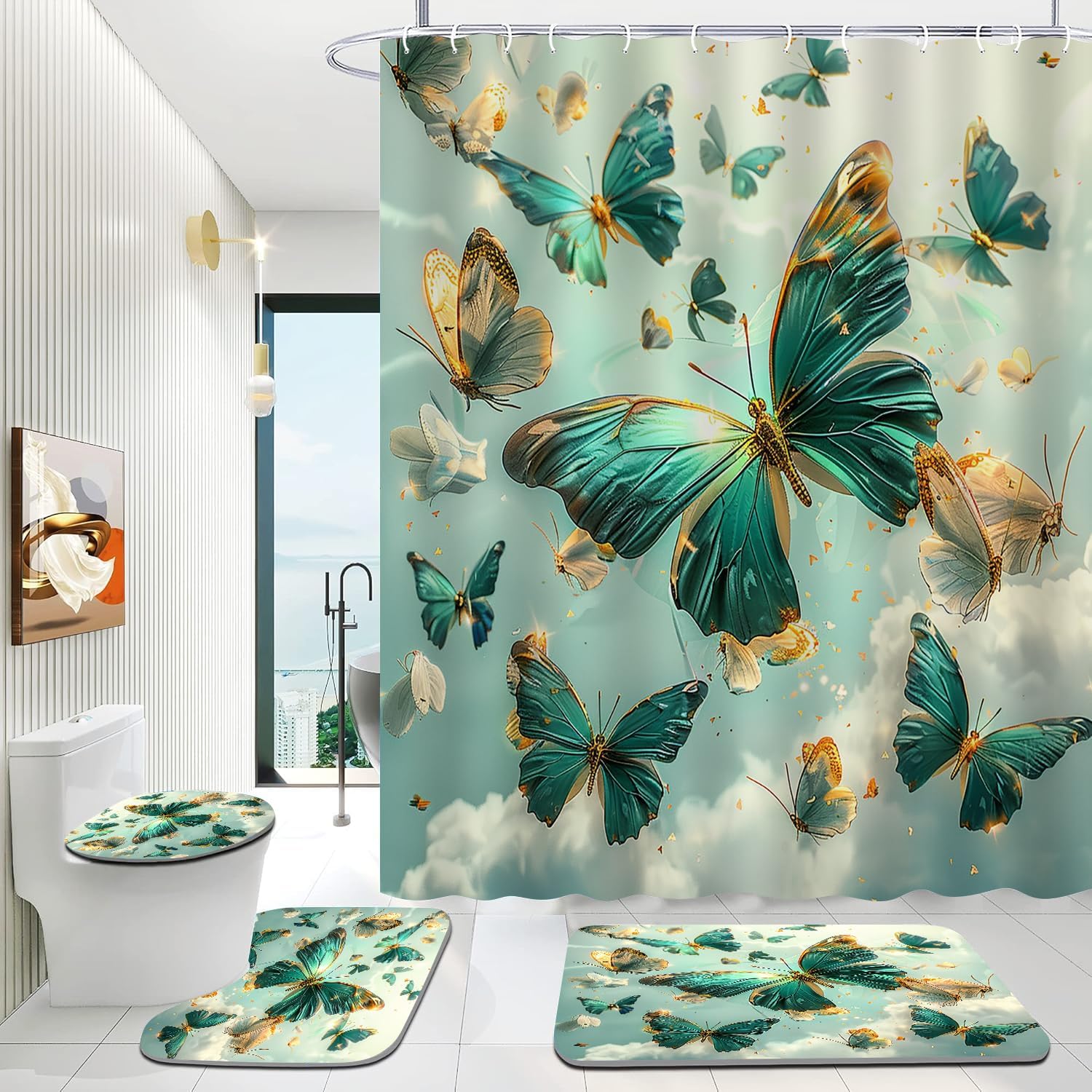 AlexEx 4-Piece Green Butterfly Shower Curtain Set