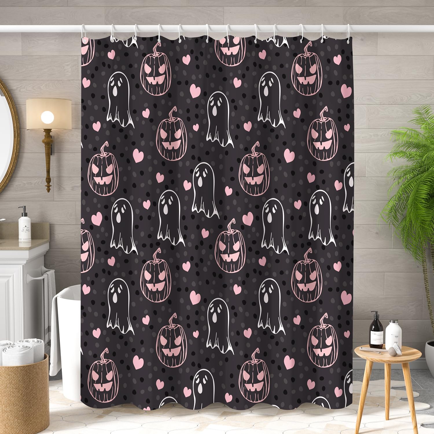 Sillsloso Halloween Pink Ghost Pumpkin Bathroom Curtain Waterproof 60x72 inch