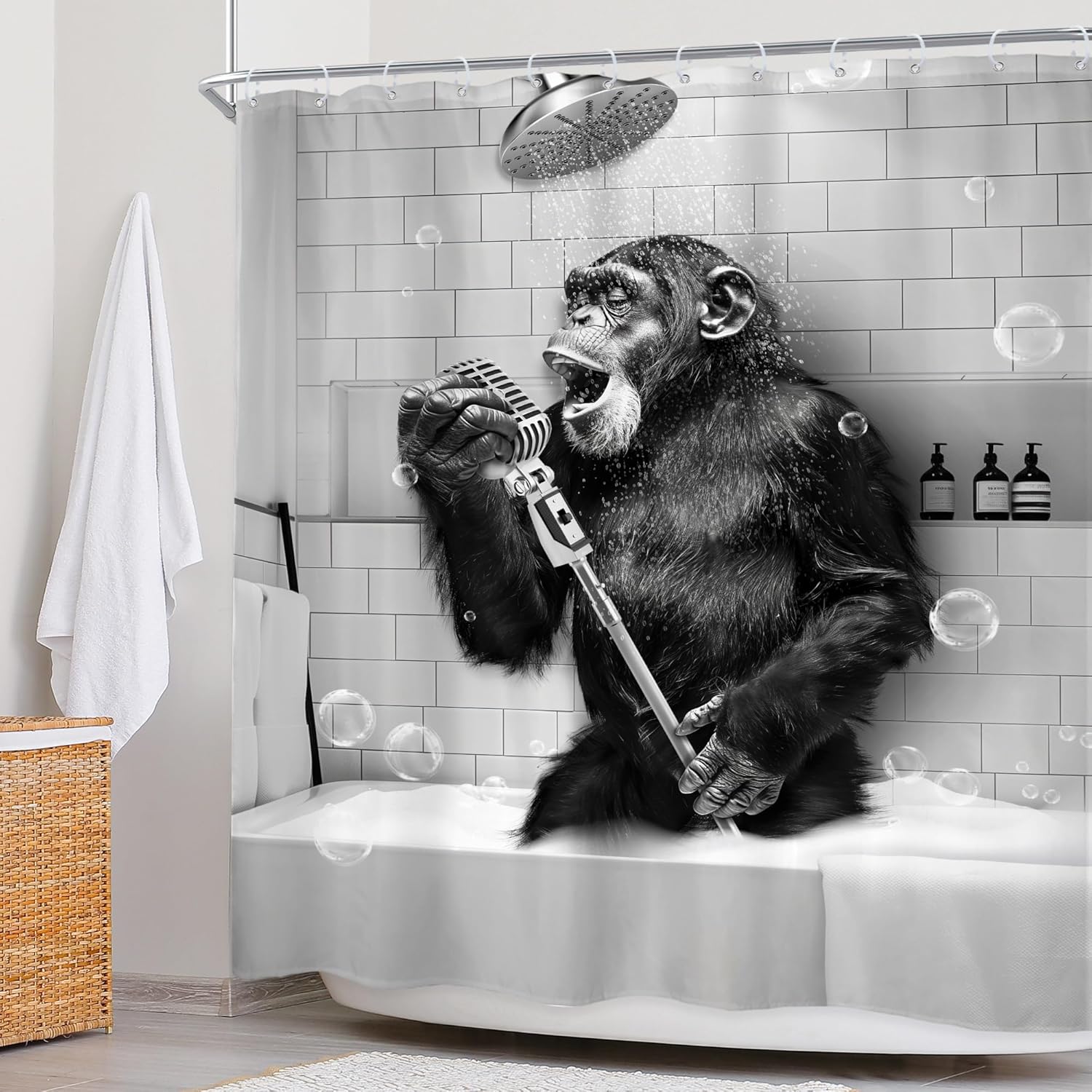 Newsely Monkey Inflatable Bath Shower Curtain 72x72 Waterproof Animal Print Expandable Set