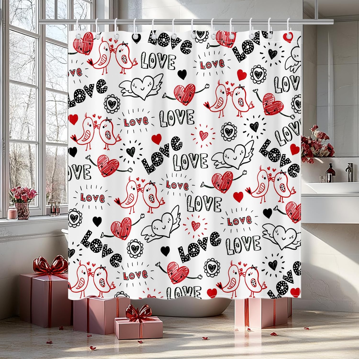 Mocsicka Valentines Shower Curtain Doodle Style Heart and Kiss Birds