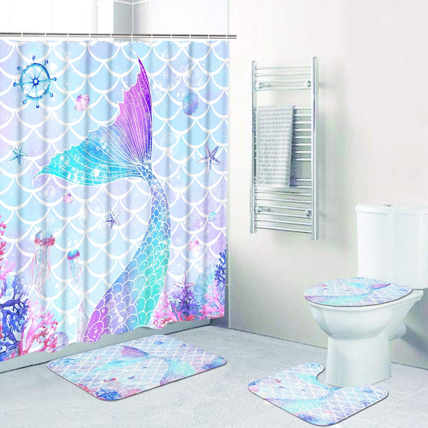 Perfect 4-Piece Mermaid Bathroom Set for Kids with Non-Slip Rugs