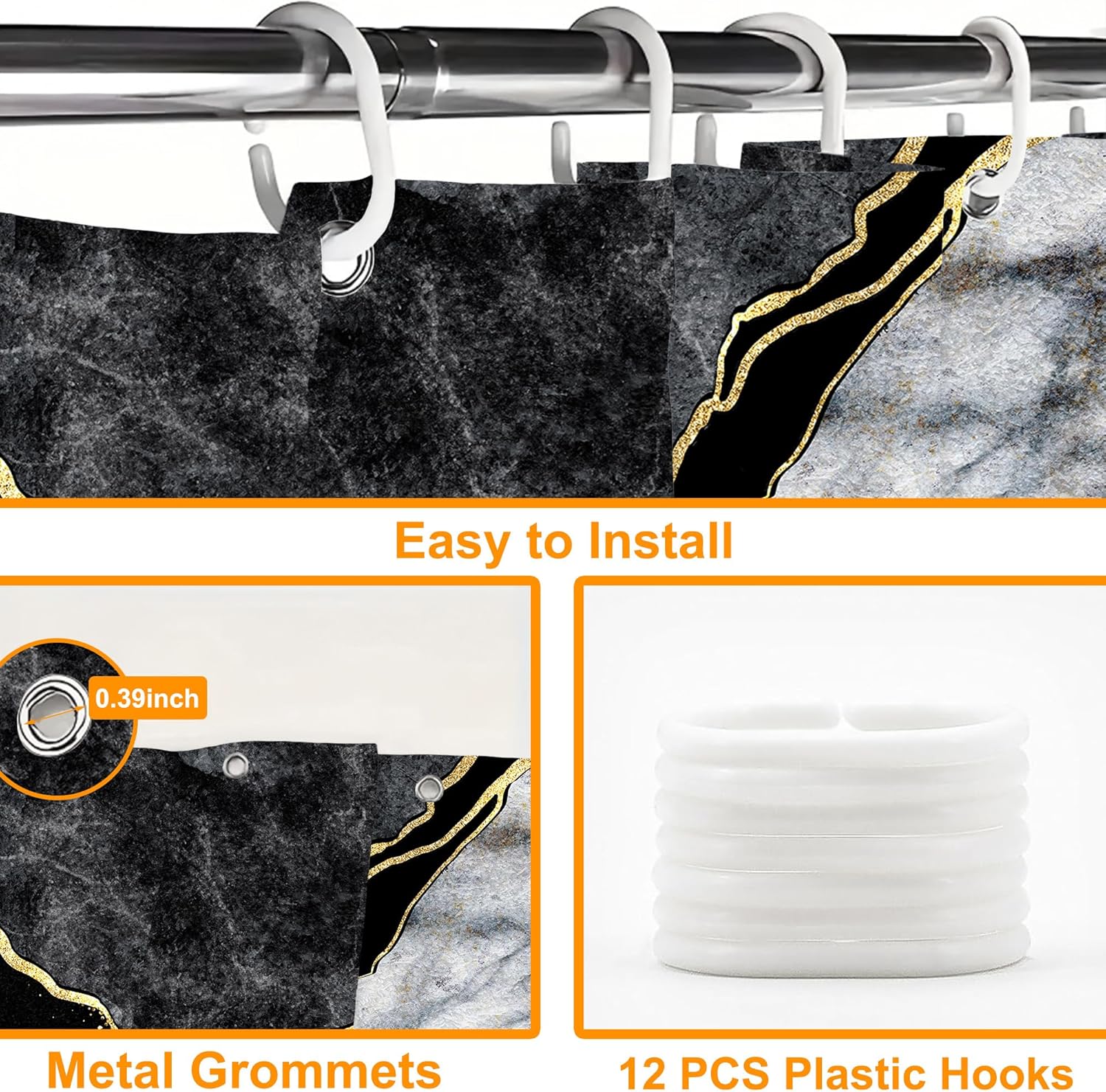 Black Gold Marble Shower Curtain Set with Hooks 72x72 Inch 1