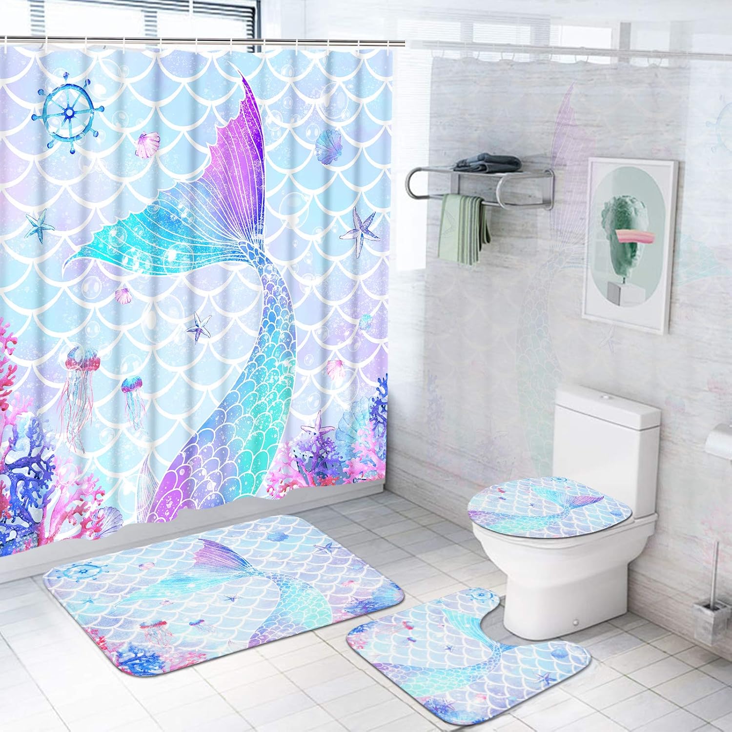 Perfect 4-Piece Mermaid Bathroom Set for Kids with Non-Slip Rugs