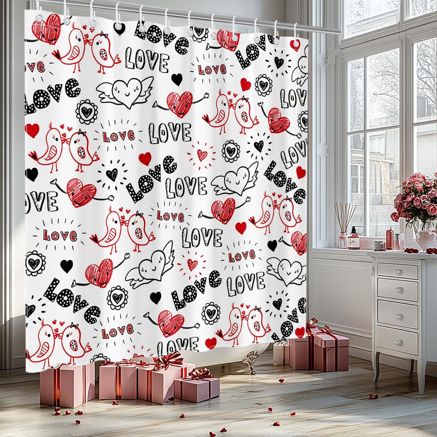 Mocsicka Valentines Shower Curtain Doodle Style Heart and Kiss Birds