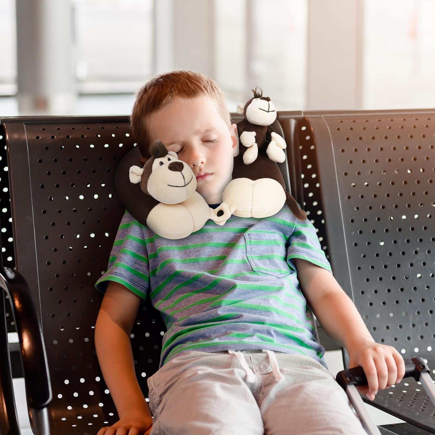 Kids Neck Pillow with Monkey Stuffed Animal for Travel