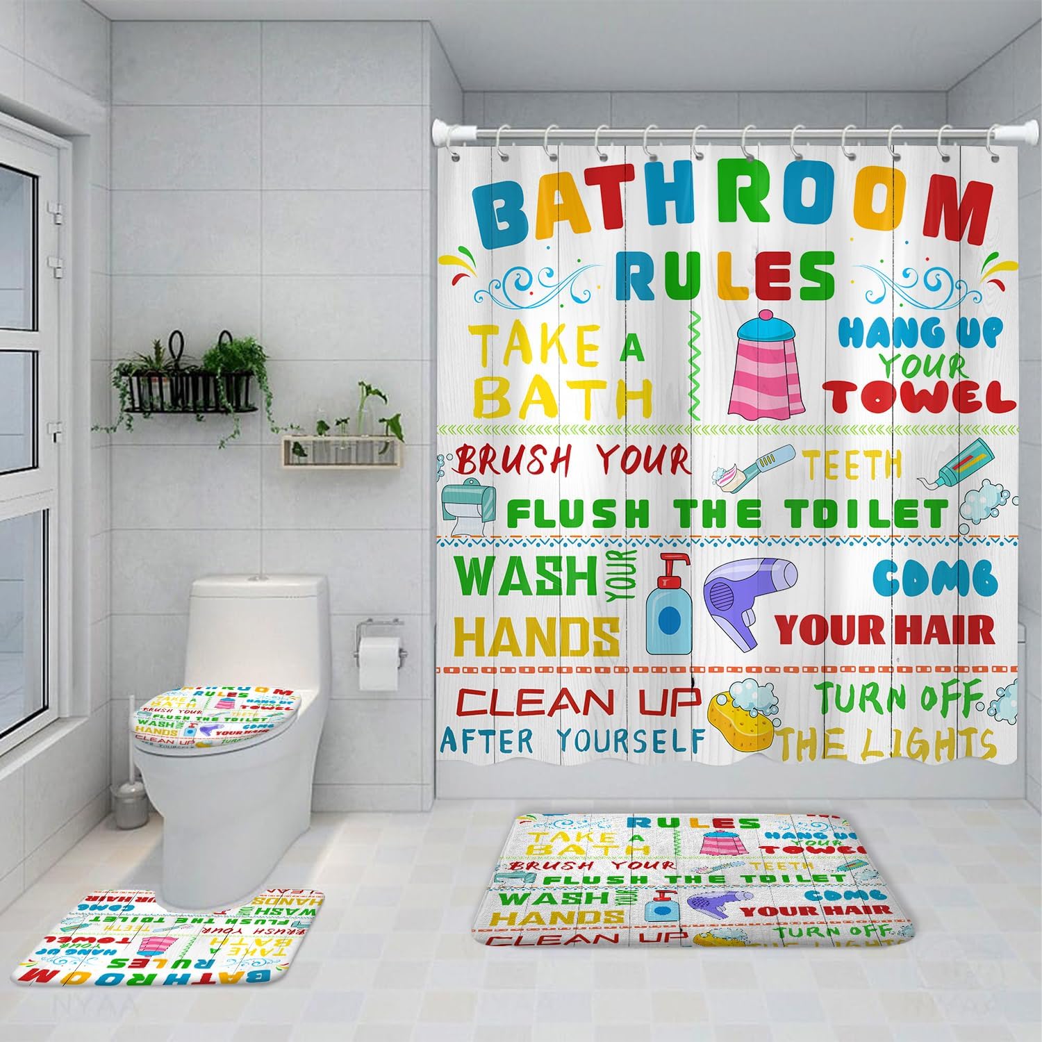 4PCS Kids Shower Curtain Set with Funny Rules and Non-Slip Mats