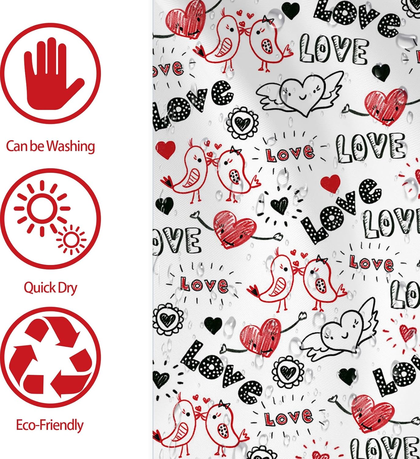 Mocsicka Valentines Shower Curtain Doodle Style Heart and Kiss Birds