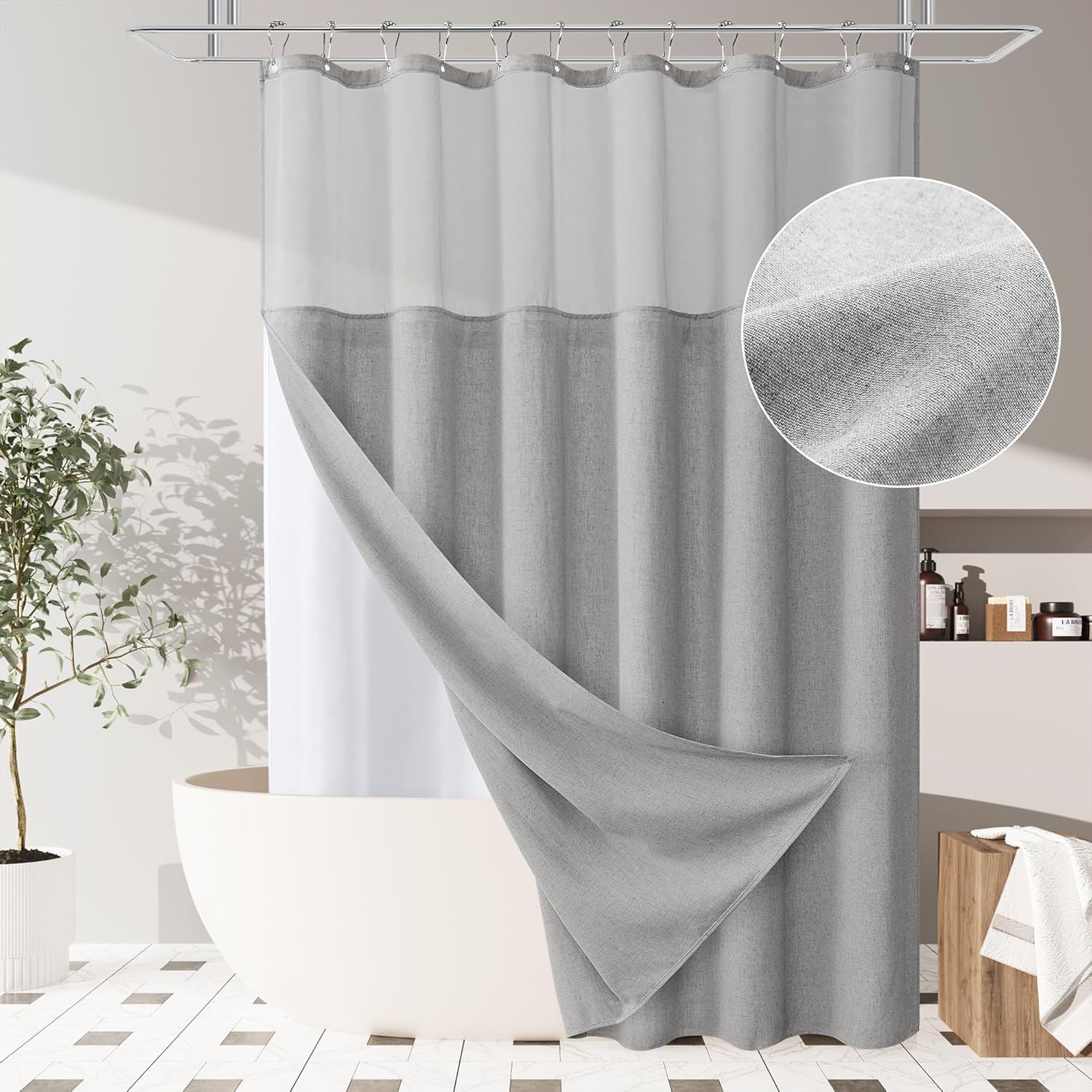 BOODII Premium Linen Shower Curtain with Mesh Top Rustic Style