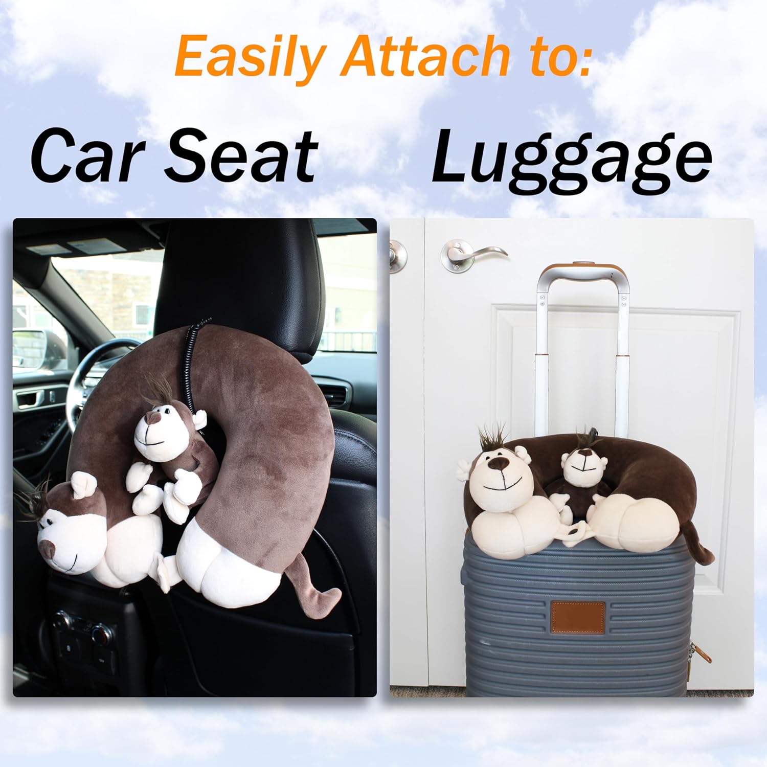 Kids Neck Pillow with Monkey Stuffed Animal for Travel