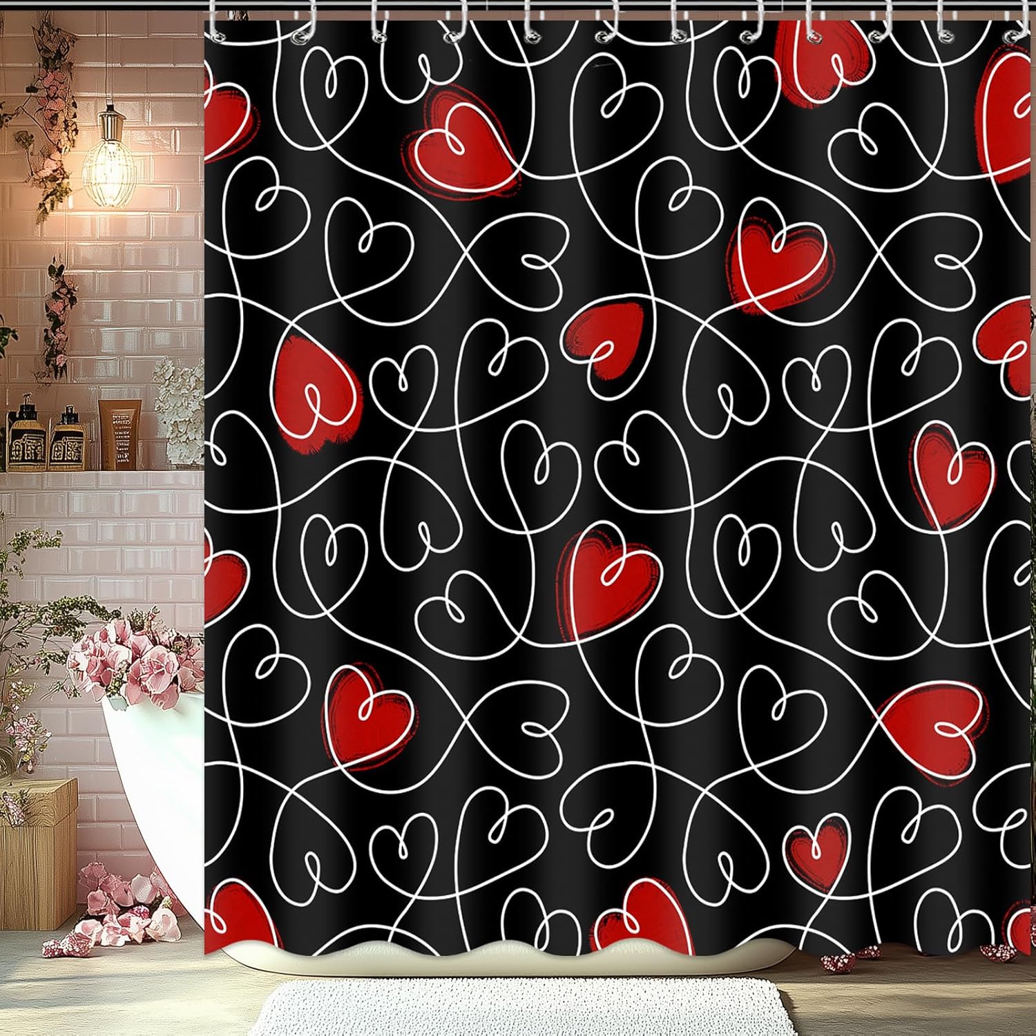 Valentines Day Gift - Black Heart Shower Curtain with 12 Hooks