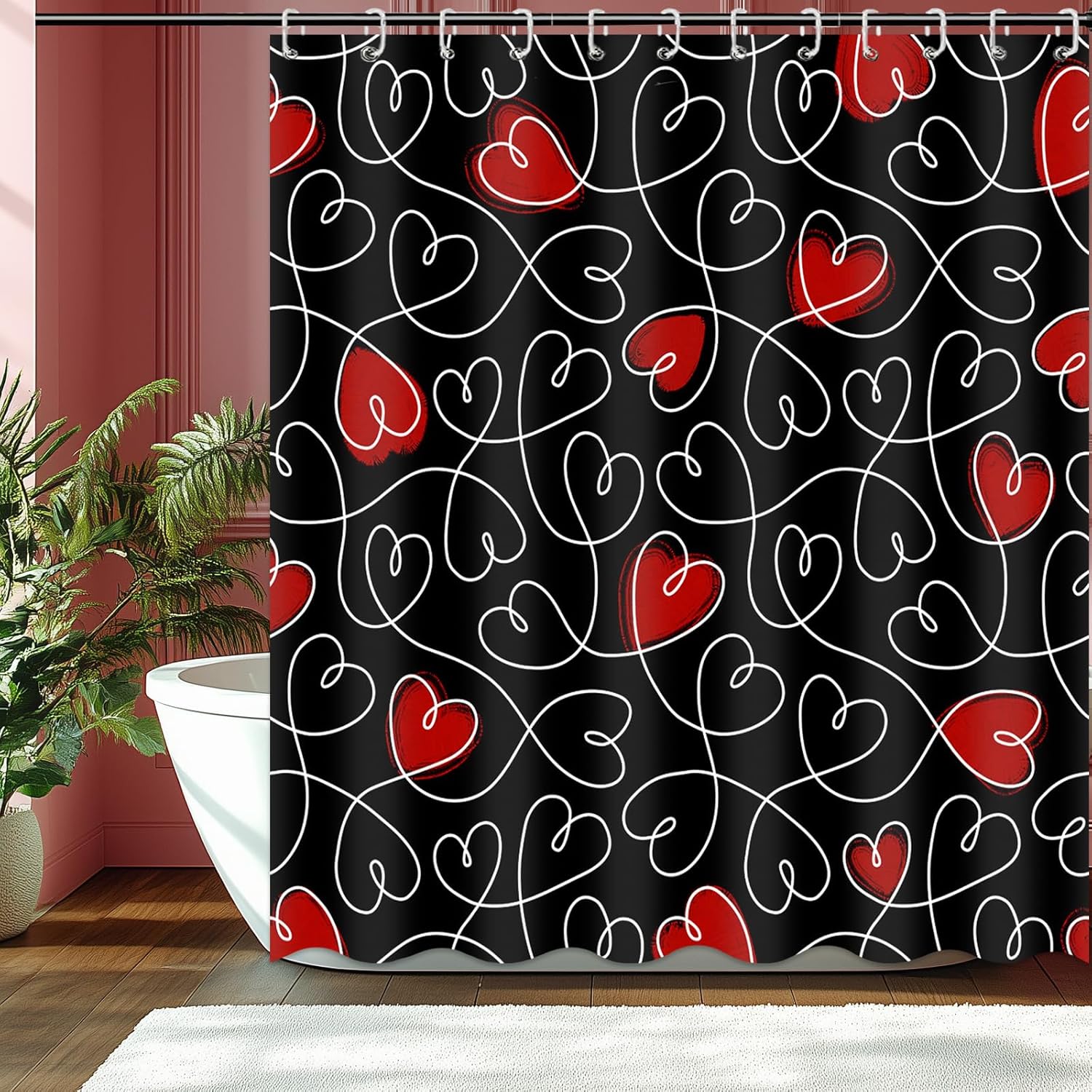 Valentines Day Gift - Black Heart Shower Curtain with 12 Hooks