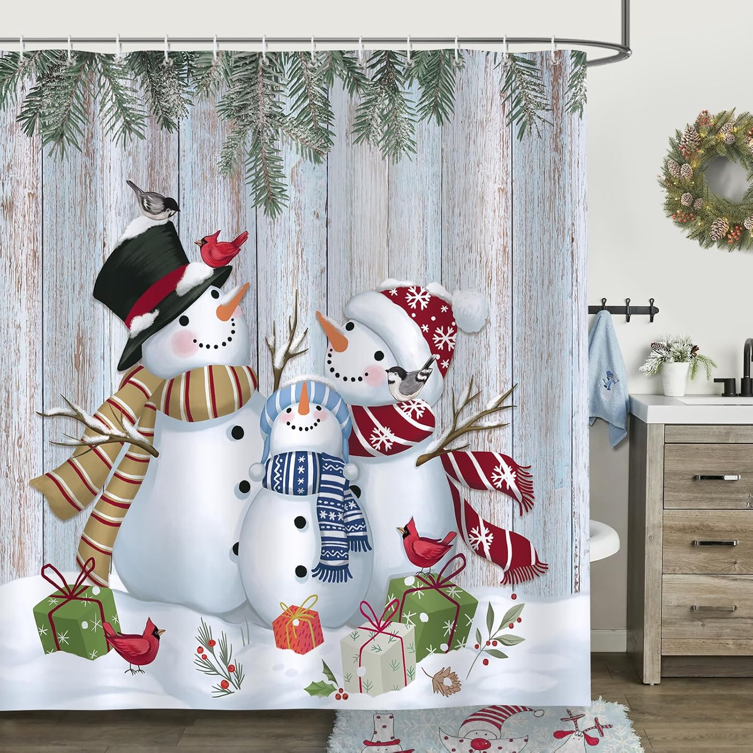 Bonhause Christmas Snowman Bath Curtain