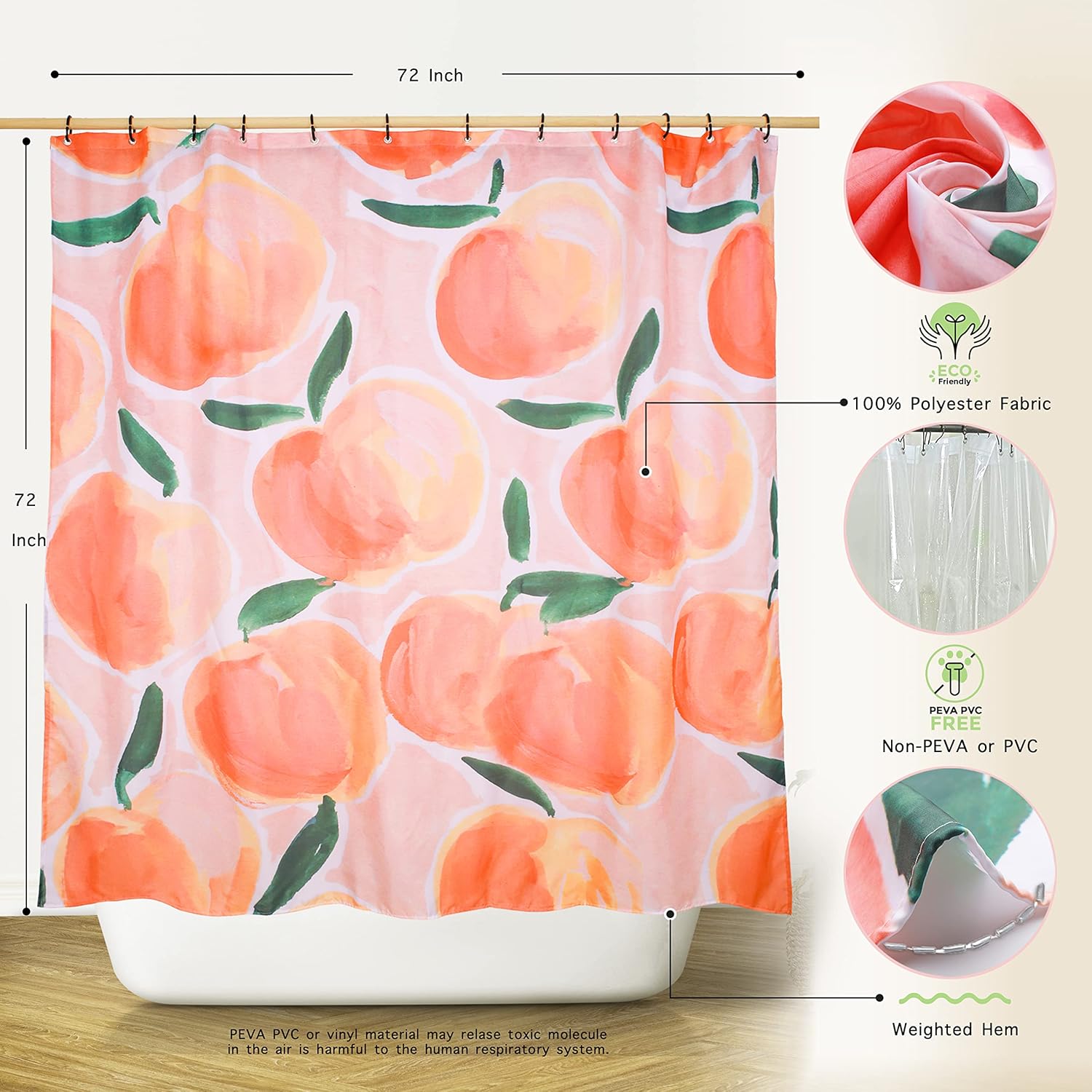 Elegant Peach Shower Curtain Set 72 x 72 Water Repellent 100 Recycled polyester