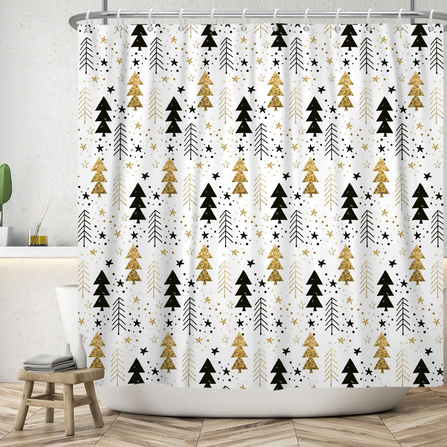Boho Christmas Tree Shower Curtain with 12 Hooks