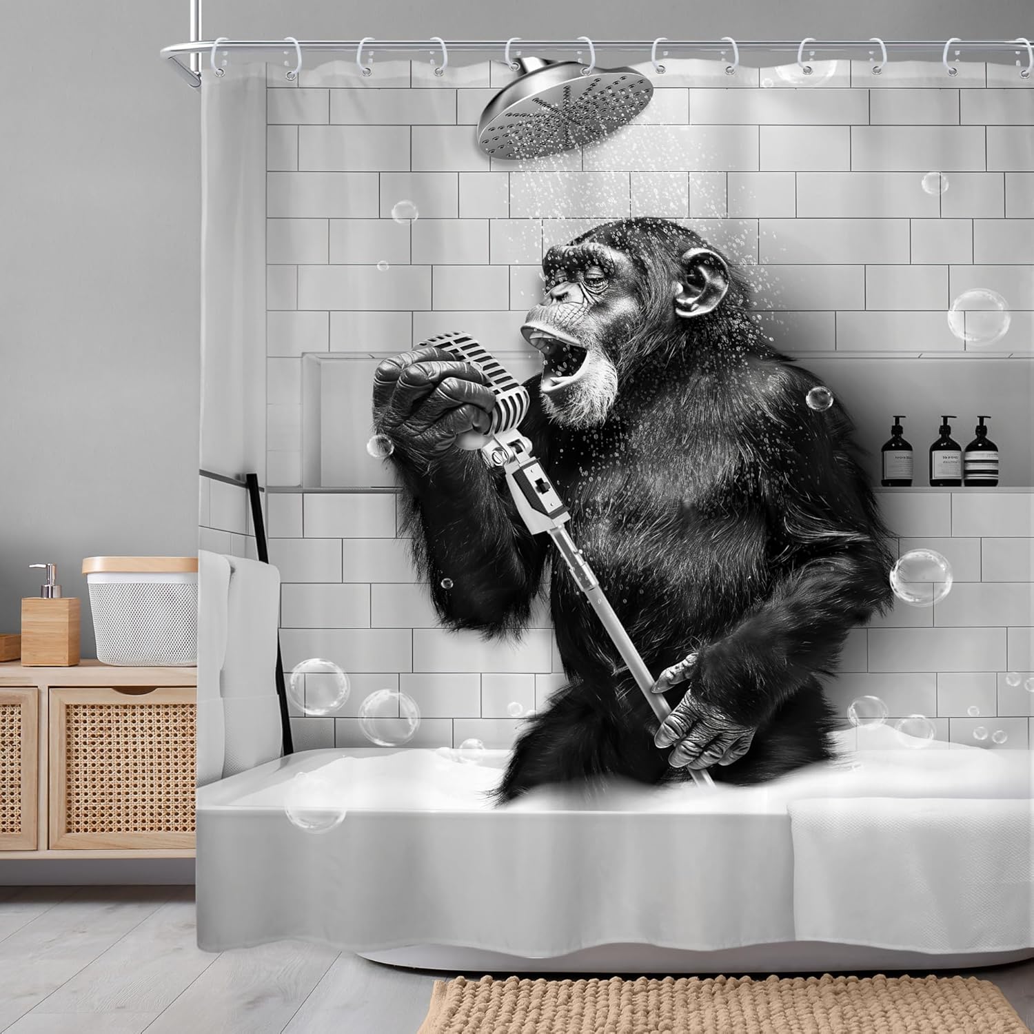 Newsely Monkey Inflatable Bath Shower Curtain 72x72 Waterproof Animal Print Expandable Set