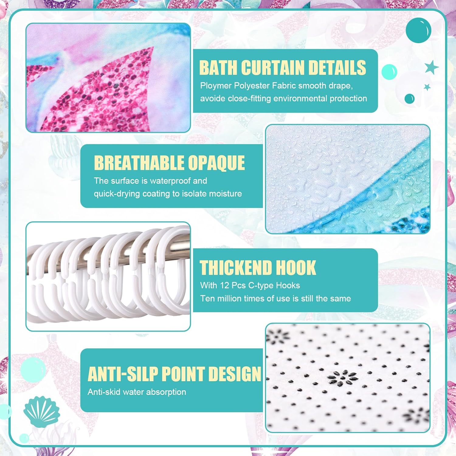 Nuanchu 6 Piece Mermaid Bathroom Set with Mat and Towels