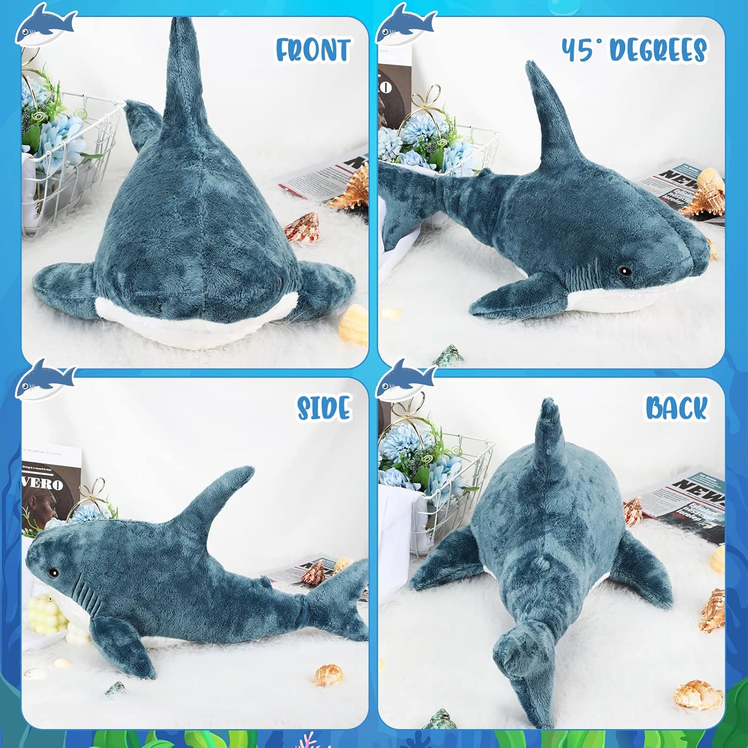 Big Blue Shark Plush Pillow for Kids and Adults - Oceanic Marine Toy
