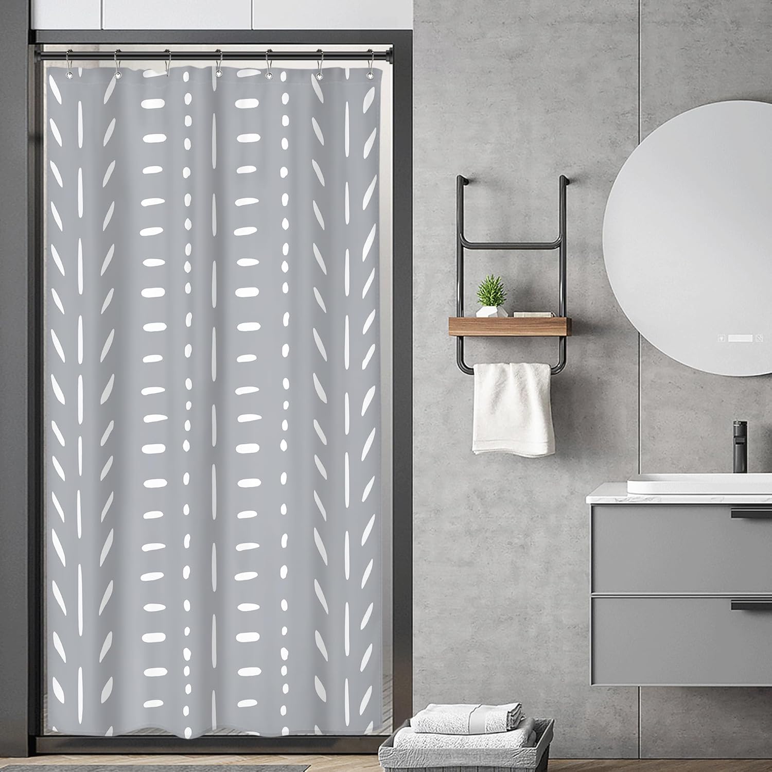 Riyidecor Small Boho Gray Shower Curtain with 7 Pack Hooks