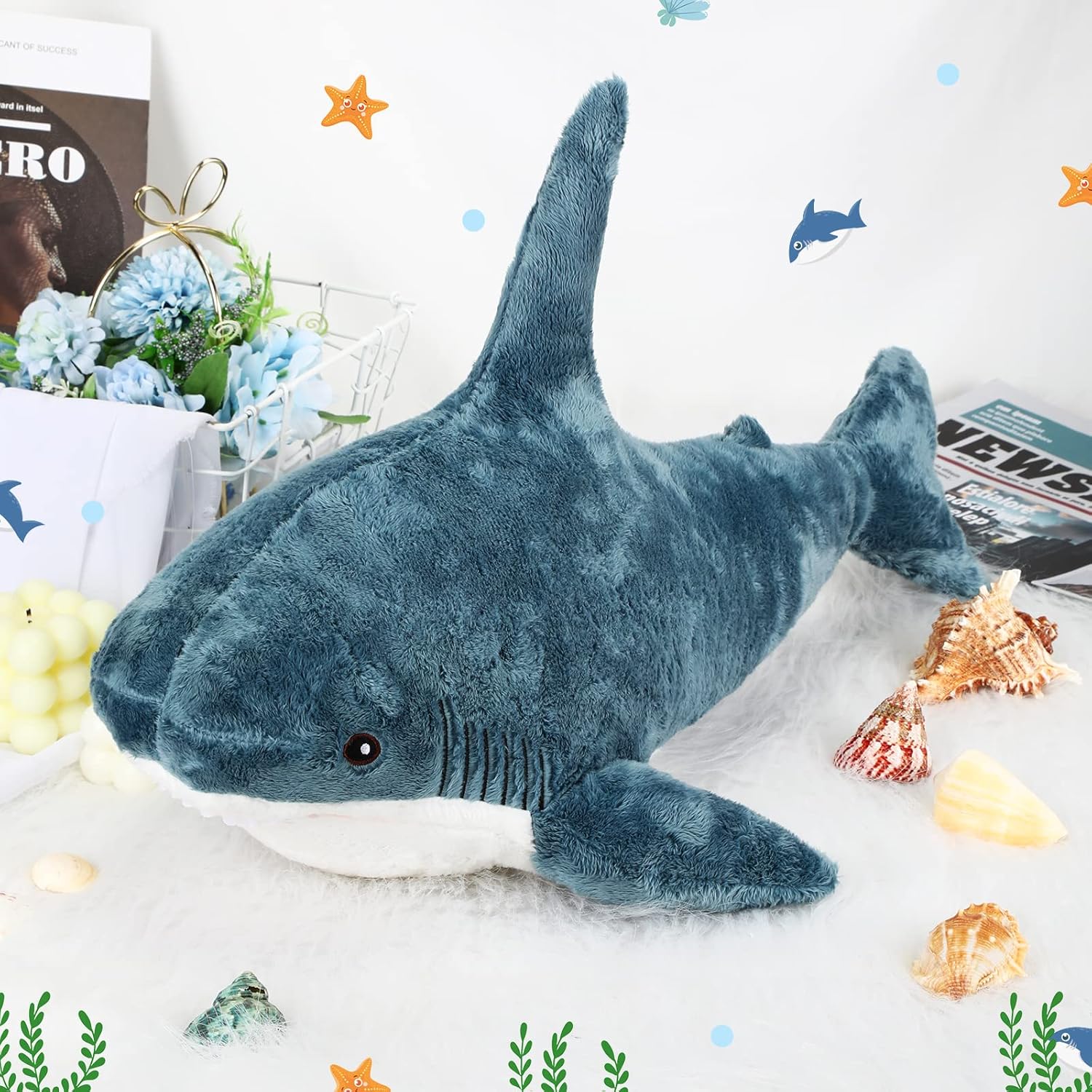 Big Blue Shark Plush Pillow for Kids and Adults - Oceanic Marine Toy