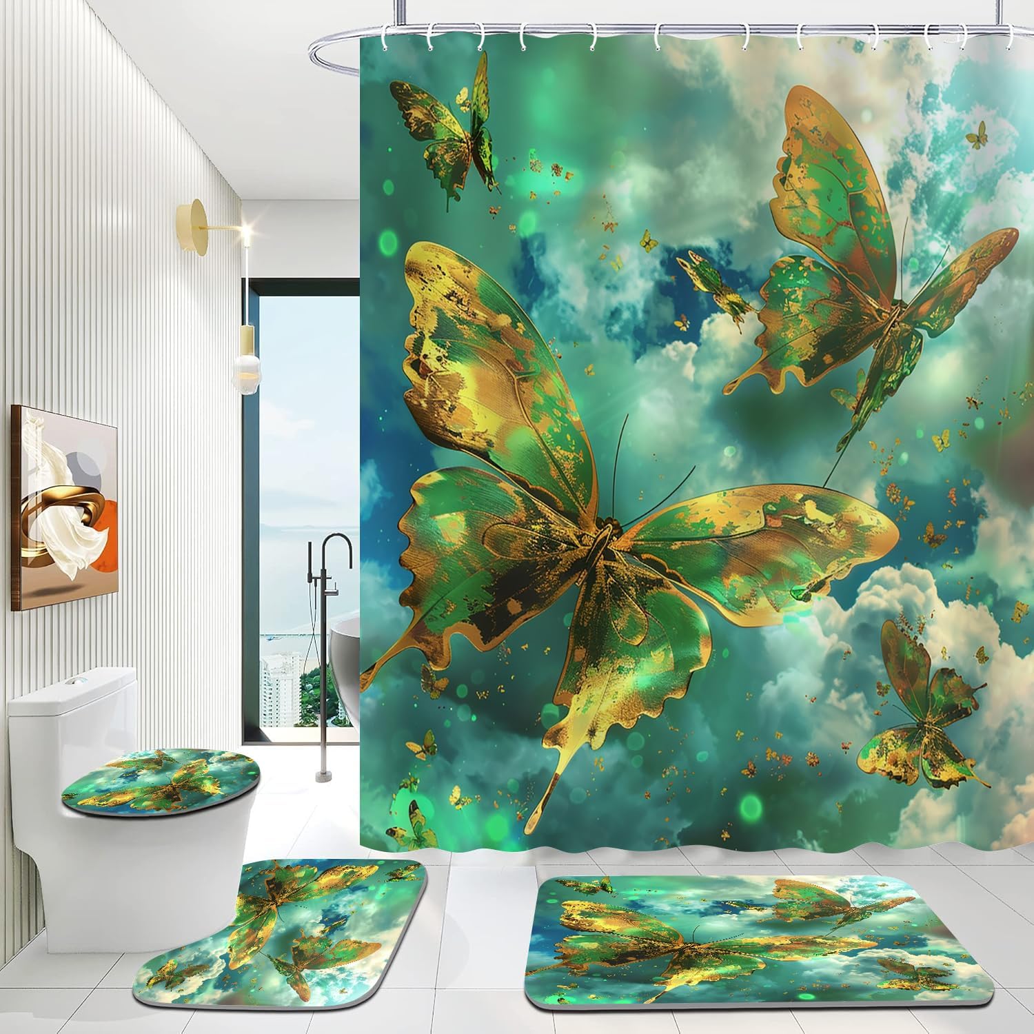 4 PCS Green Butterfly Shower Curtain Sets