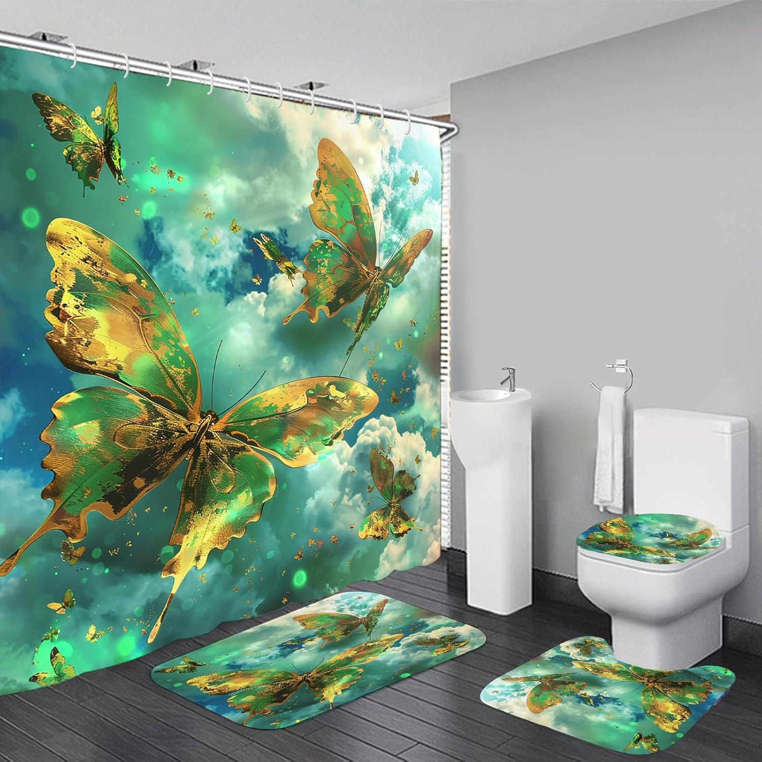 4 PCS Green Butterfly Shower Curtain Sets