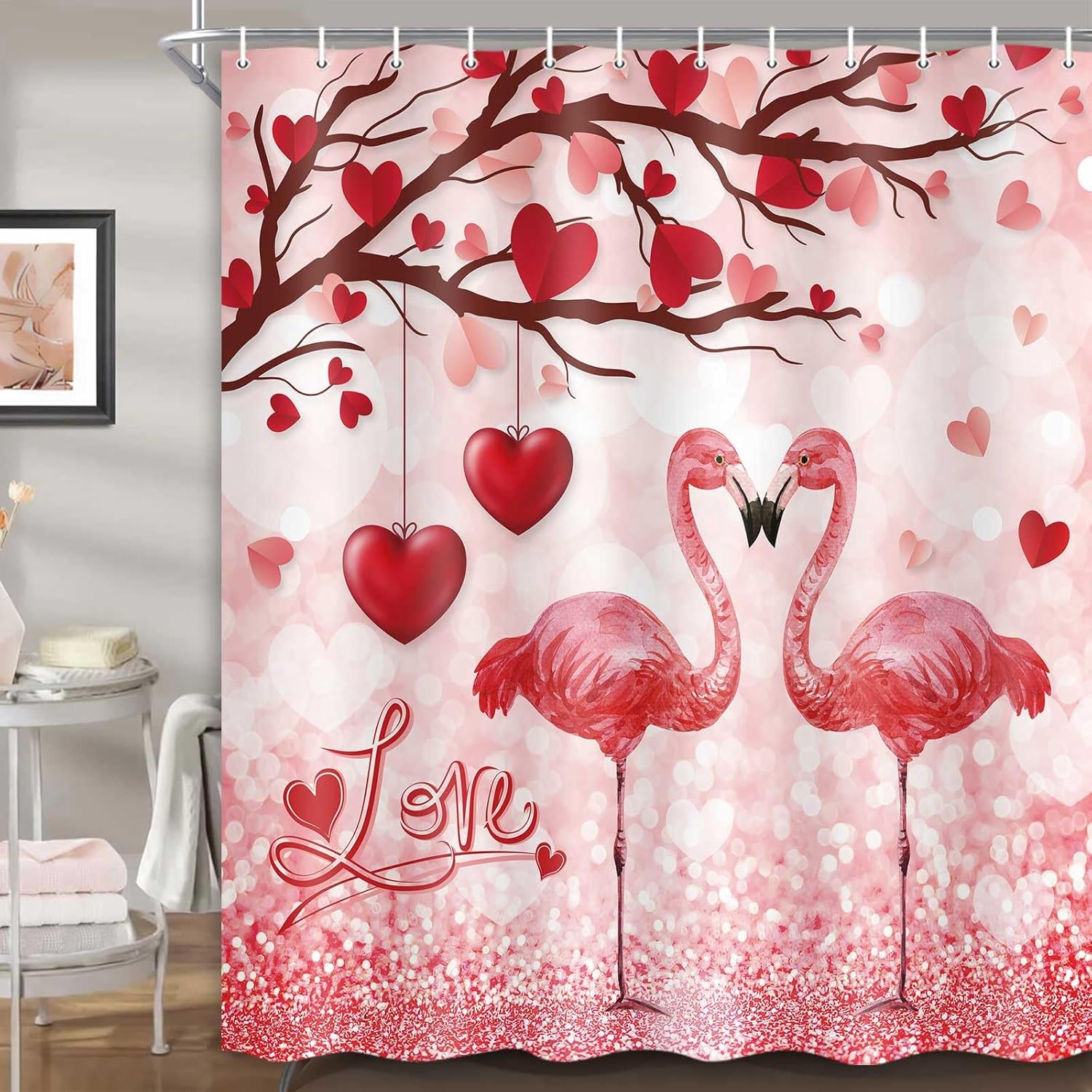 Valentines Party Ready Blue Heart Floral Shower Curtain 72x72-Inch Set