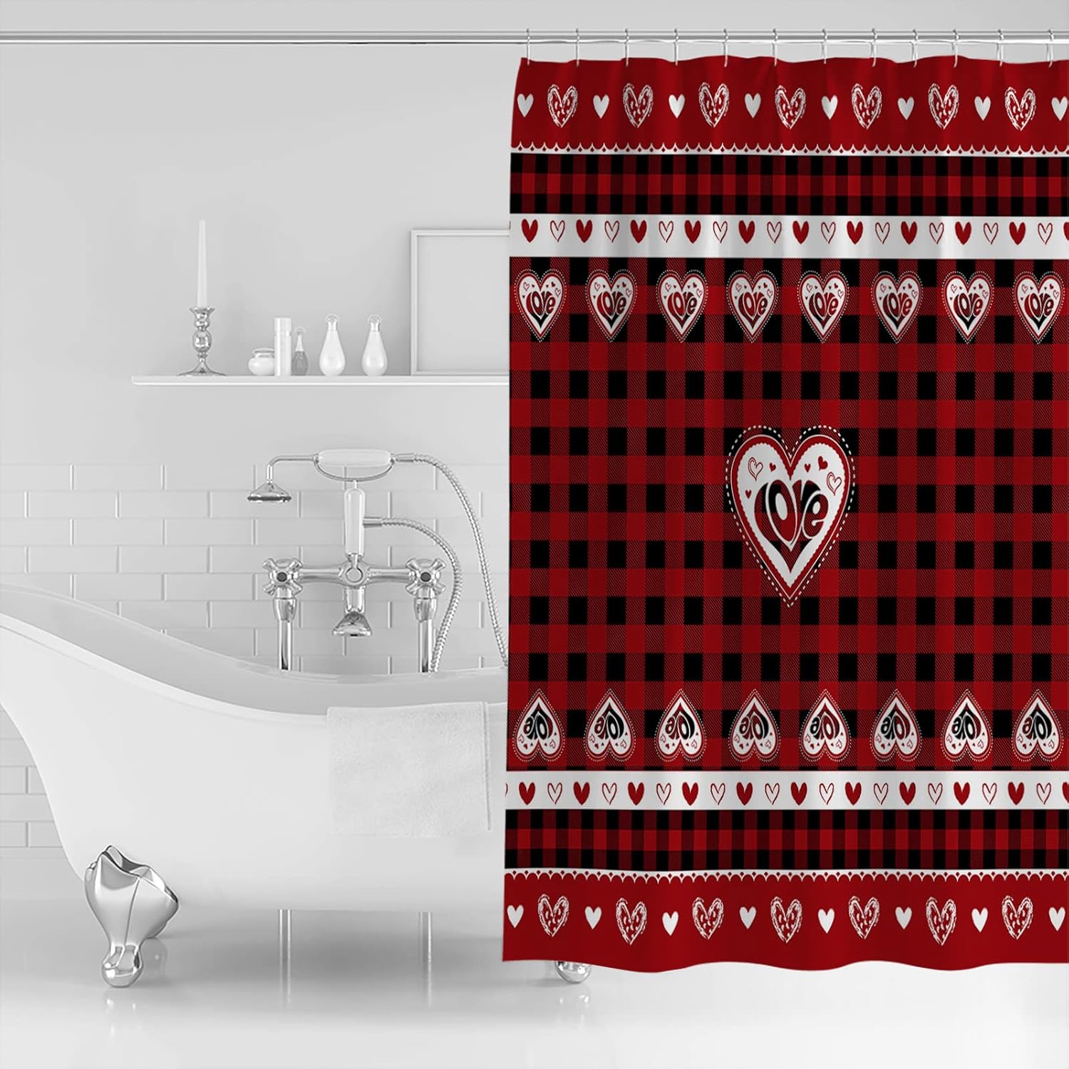 Heart Red Buffalo Check Shower Curtain