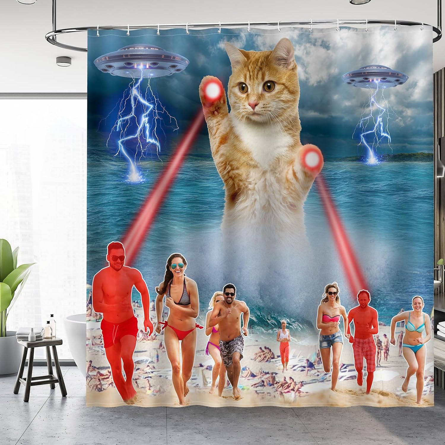 72x72 ocean cat shower curtain set with 12 hooks