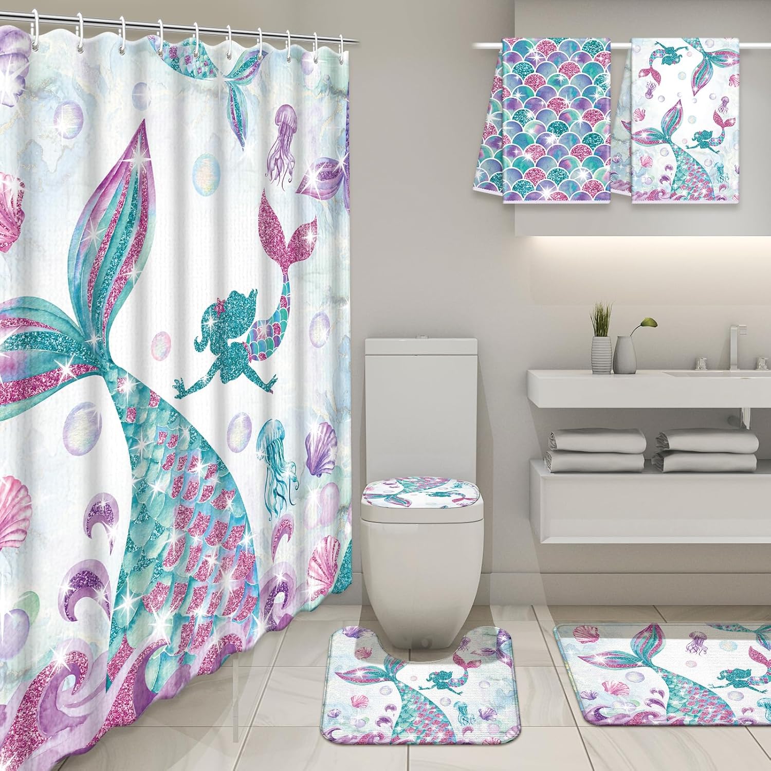 Nuanchu 6 Piece Mermaid Bathroom Set with Mat and Towels